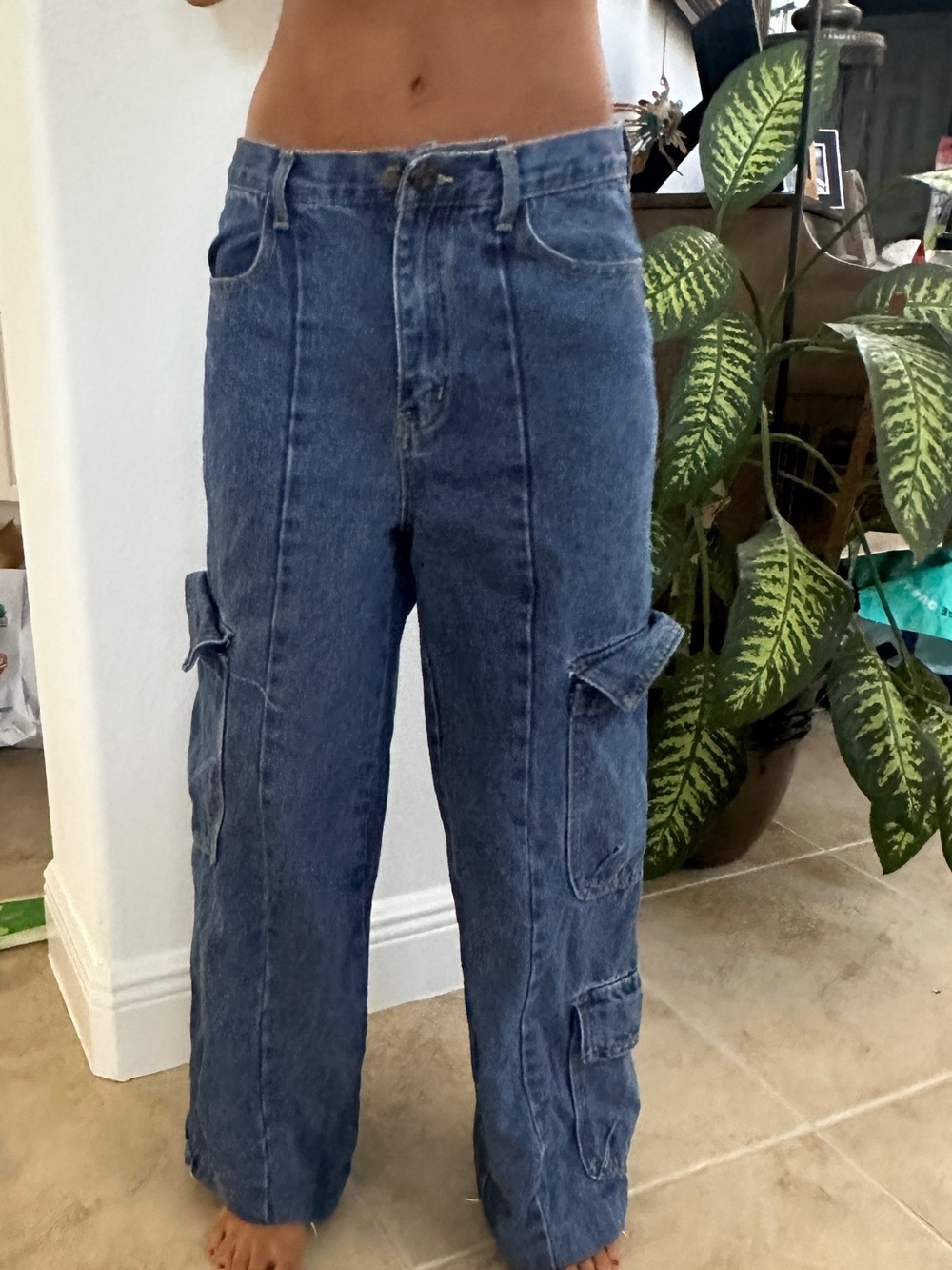 Wide Leg Cargo Denim Jeans - Blue
